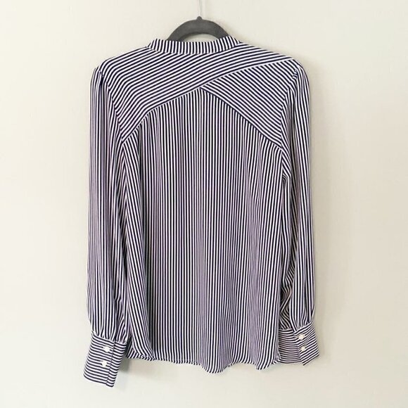 LOFT blue white striped mock collar hidden button front long sleeve top - Picture 4 of 10